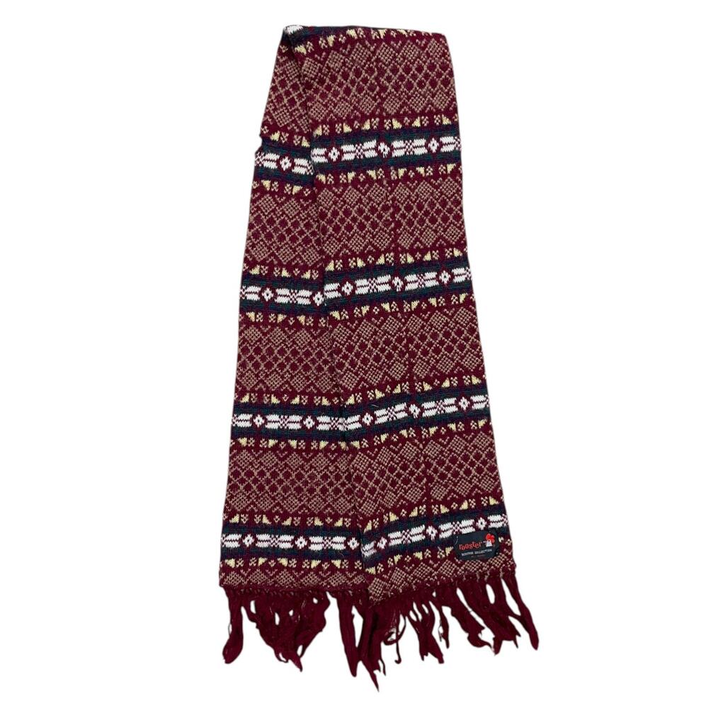 1970s Rooster Shetland Wool Scarf with Fringe Scrooge Collection Nordic Red